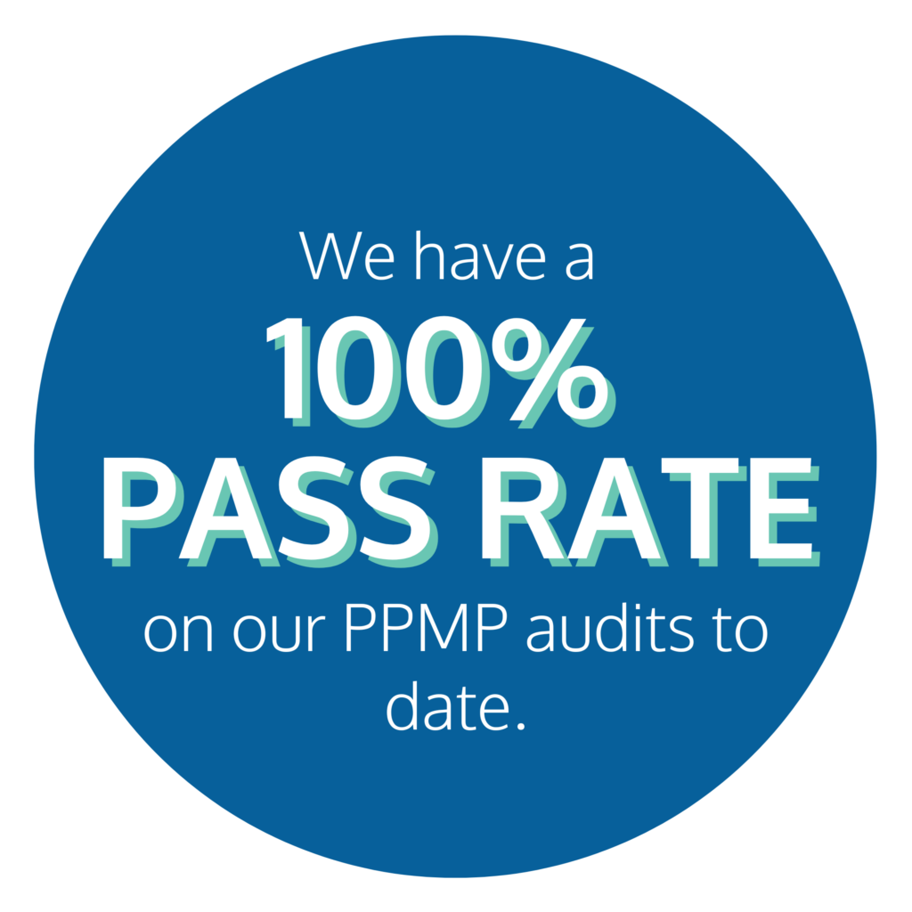 A blue circular graphic features the text "We have a 100% PASS RATE on our PPMP audits to date."