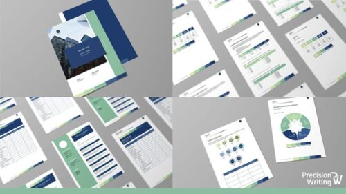 A collage showing various business documents and reports with blue and green headers, charts, and tables. Documents are laid out in a clear, organized manner. The Precision Writing logo is visible in the bottom right corner.