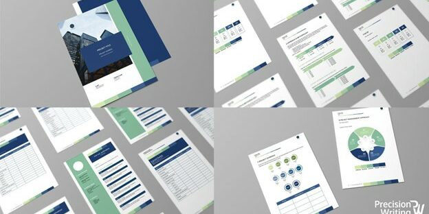 A collage showing various business documents and reports with blue and green headers, charts, and tables. Documents are laid out in a clear, organized manner. The Precision Writing logo is visible in the bottom right corner.