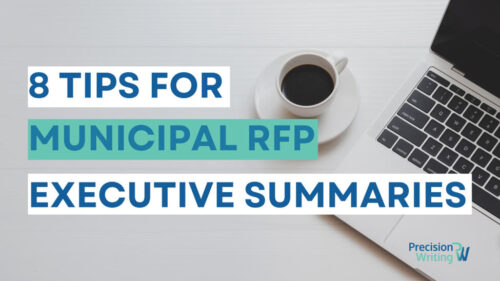 Image with text: "8 Tips for Municipal RFP Executive Summaries." The background shows a coffee cup on a saucer next to a partially visible laptop, with the Precision Writing logo in the bottom right corner. The text is displayed in bold white and teal letters.